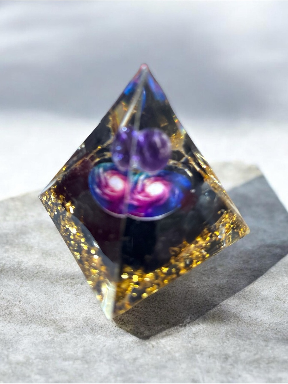 Galaxy Themed Orgone Pyramid Featuring Amethyst